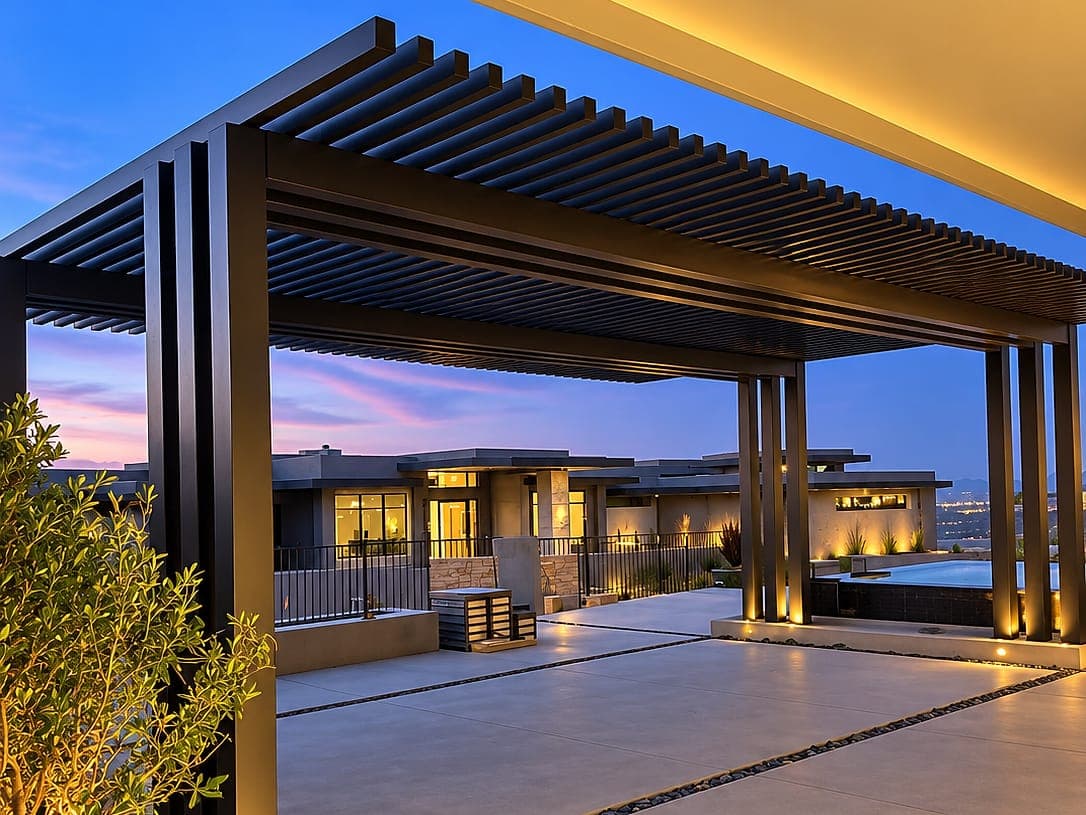 Freestanding pergola with 12 posts and a lattice top at dusk