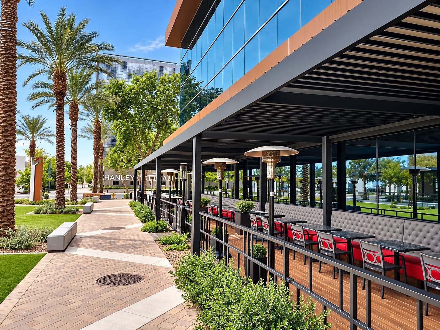 Espresso louvered roof over a steakhouse patio with heaters and booth seating